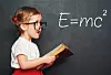 RRO wunderkind little girl schoolgirl with a book from the blackboard with physical formulas