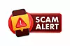 Banner with red scam alert. Attention sign. Cyber security icon. Caution warning sign sticker. Flat warning symbol. Vector stock illustration.